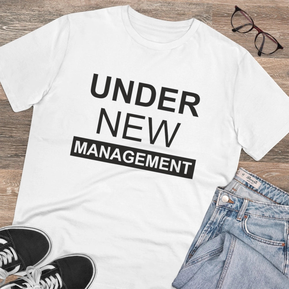 HamariDookan Men's PC Cotton Under New Management Desing Printed T Shirt (Color: White, Thread Count: 180GSM)