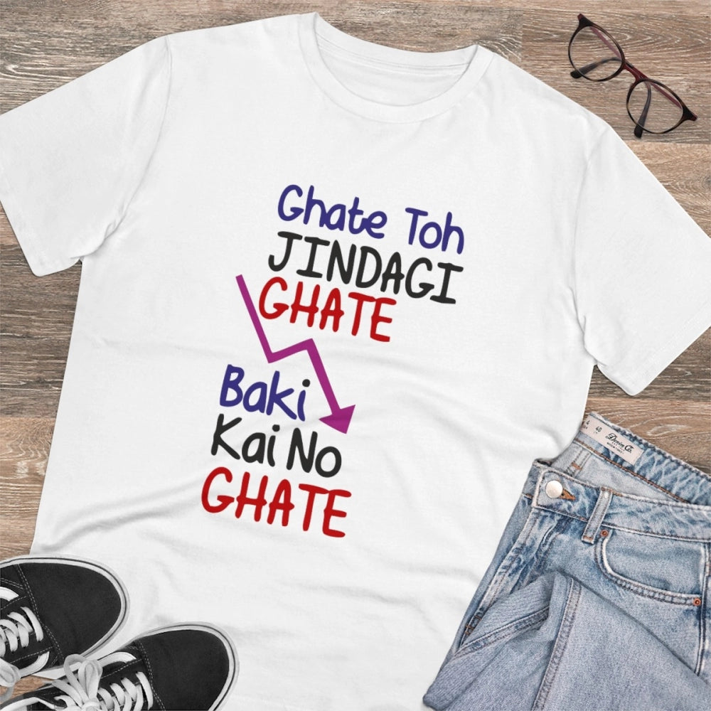 HamariDookan Men's PC Cotton Ghate To Jindgi Ghate Printed T Shirt (Color: White, Thread Count: 180GSM)