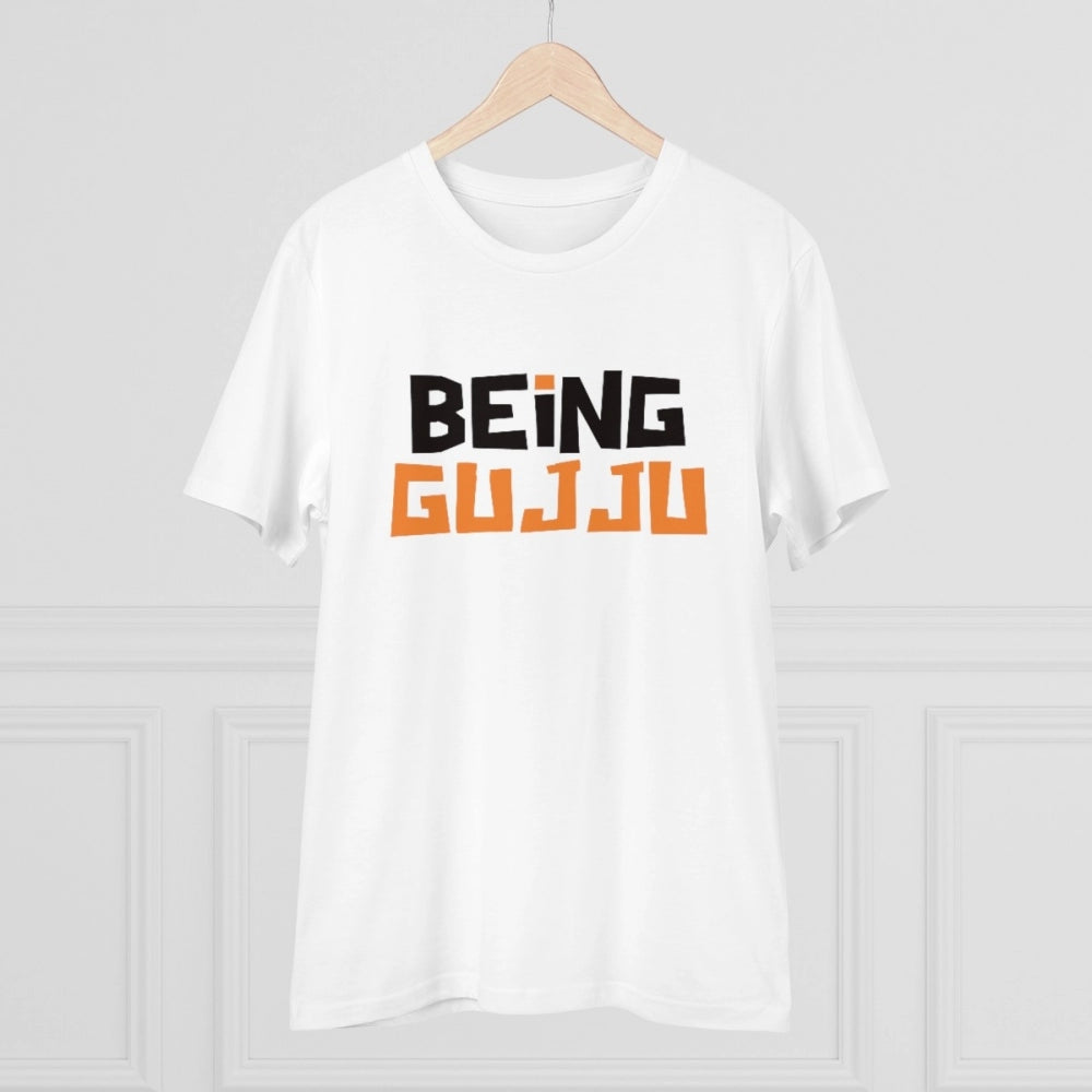HamariDookan Men's PC Cotton Being Gujju Printed T Shirt (Color: White, Thread Count: 180GSM)