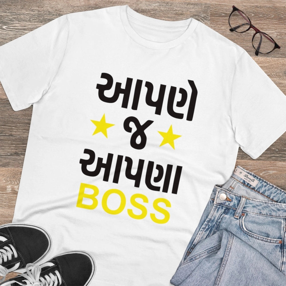 HamariDookan Men's PC Cotton Aapne J Aapna Boss Printed T Shirt (Color: White, Thread Count: 180GSM)