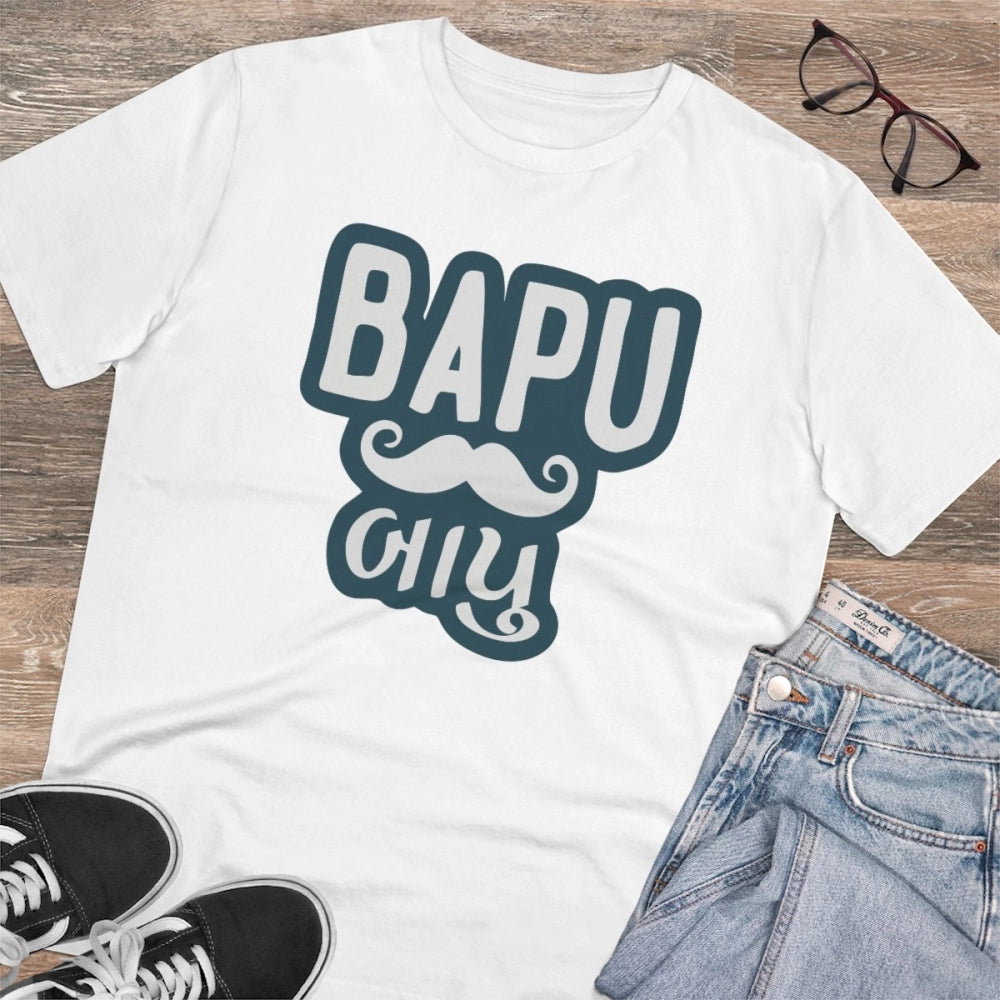 HamariDookan Men's PC Cotton Baapu Printed T Shirt (Color: White, Thread Count: 180GSM)