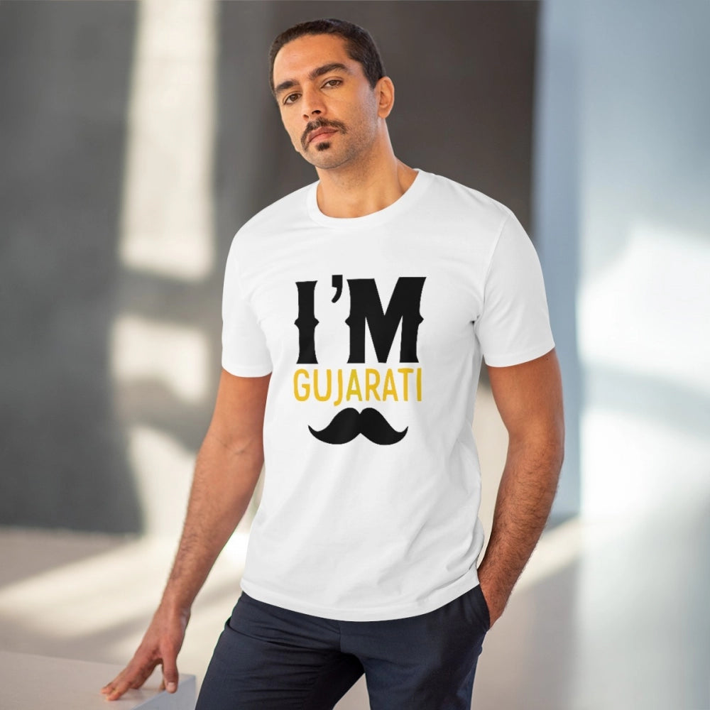 HamariDookan Men's PC Cotton I Am Gujarati Printed T Shirt (Color: White, Thread Count: 180GSM)