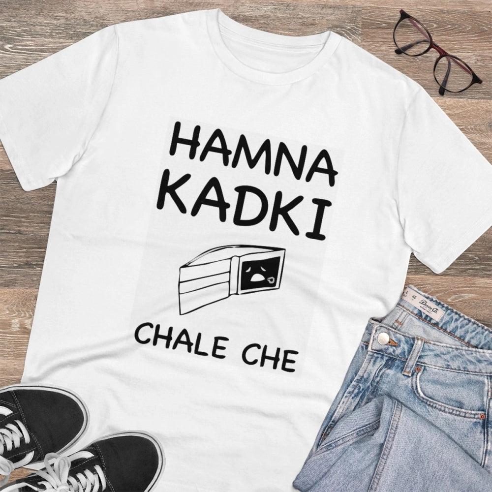 HamariDookan Men's PC Cotton Hamna Kadki Chale Che Printed T Shirt (Color: White, Thread Count: 180GSM)