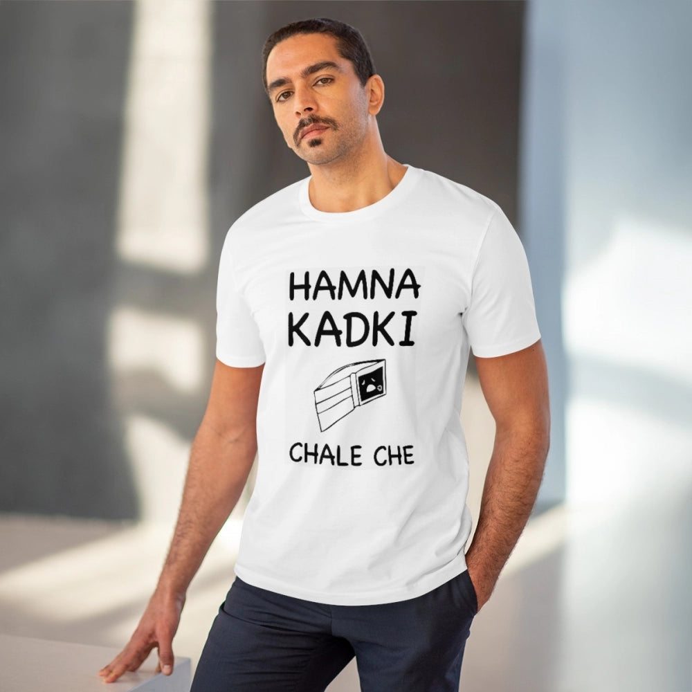 HamariDookan Men's PC Cotton Hamna Kadki Chale Che Printed T Shirt (Color: White, Thread Count: 180GSM)