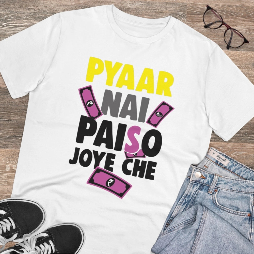 HamariDookan Men's PC Cotton Pyaar Nay Paisa Joy Che Printed T Shirt (Color: White, Thread Count: 180GSM)