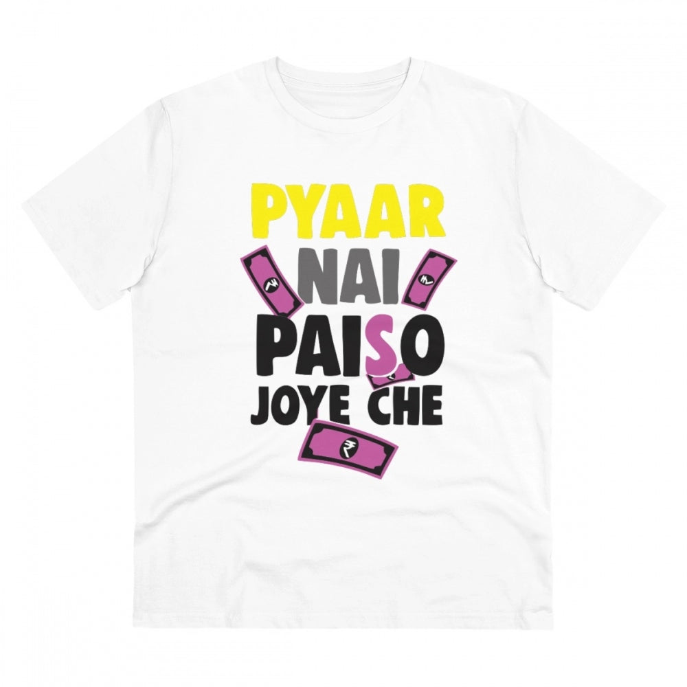 HamariDookan Men's PC Cotton Pyaar Nay Paisa Joy Che Printed T Shirt (Color: White, Thread Count: 180GSM)