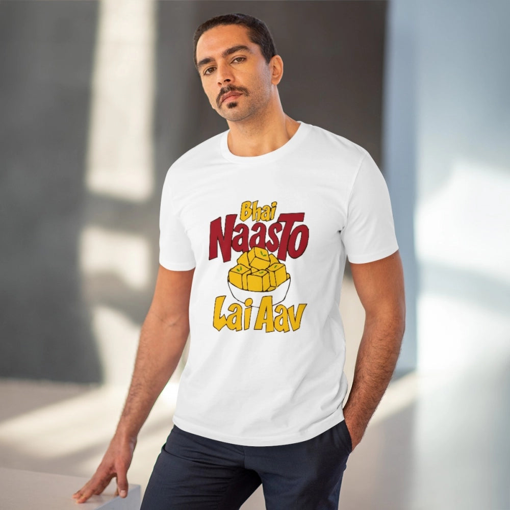 HamariDookan Men's PC Cotton Bhai Nasto Lai Aav Printed T Shirt (Color: White, Thread Count: 180GSM)