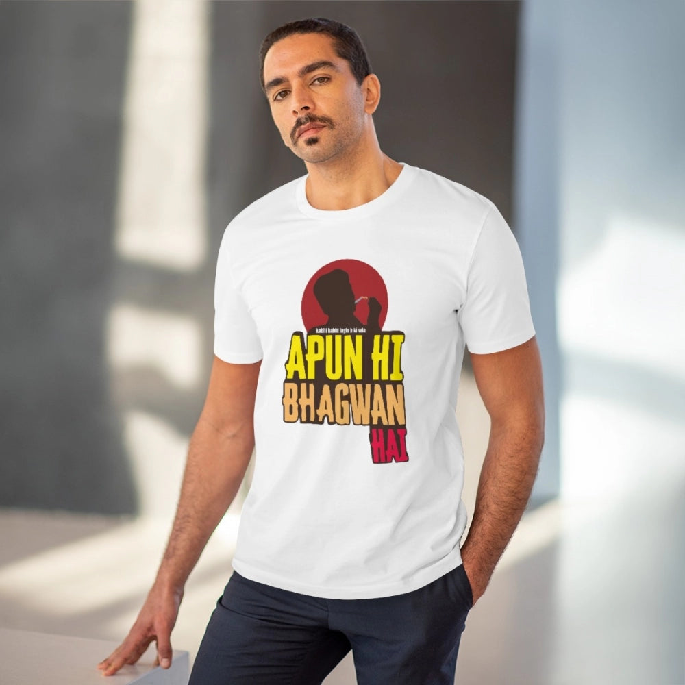 HamariDookan Men's PC Cotton Apun Hi Bhagvan Hai Printed T Shirt (Color: White, Thread Count: 180GSM)
