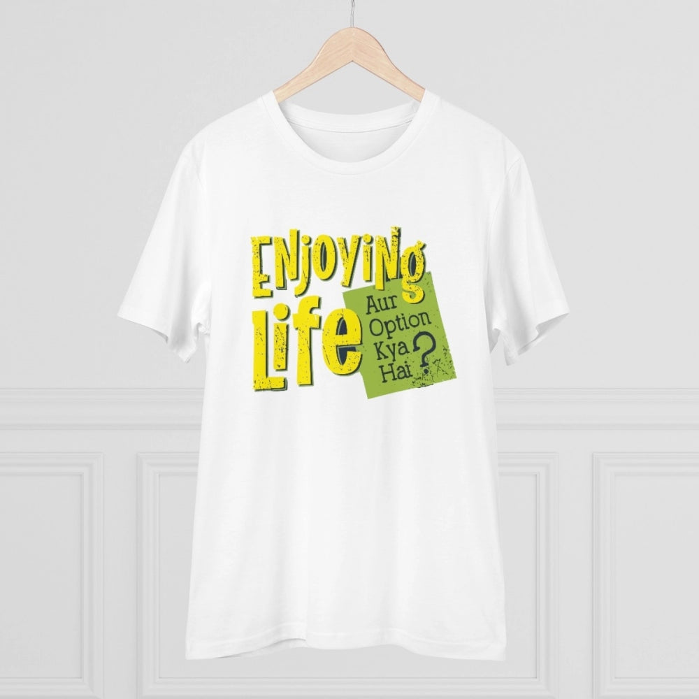 HamariDookan Men's PC Cotton Enjoying Life Printed T Shirt (Color: White, Thread Count: 180GSM)