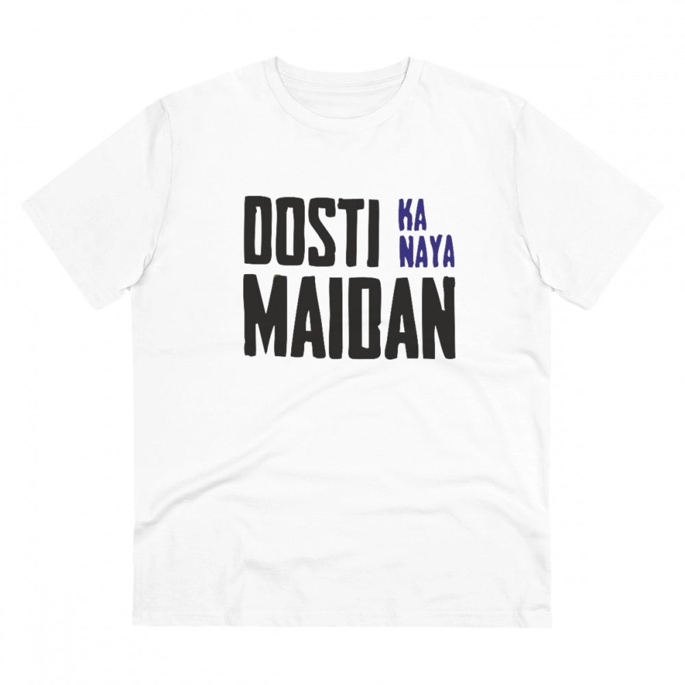HamariDookan Men's PC Cotton Dosti Ka Naya Maidan Printed T Shirt (Color: White, Thread Count: 180GSM)
