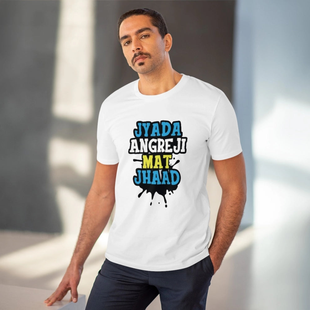 HamariDookan Men's PC Cotton Jyada Angreji Mat Jhaad Printed T Shirt (Color: White, Thread Count: 180GSM)