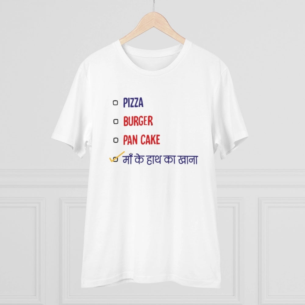 HamariDookan Men's PC Cotton Pizza Burger Pan Cake Maa Ke Hath Ka Khana Printed T Shirt (Color: White, Thread Count: 180GSM)