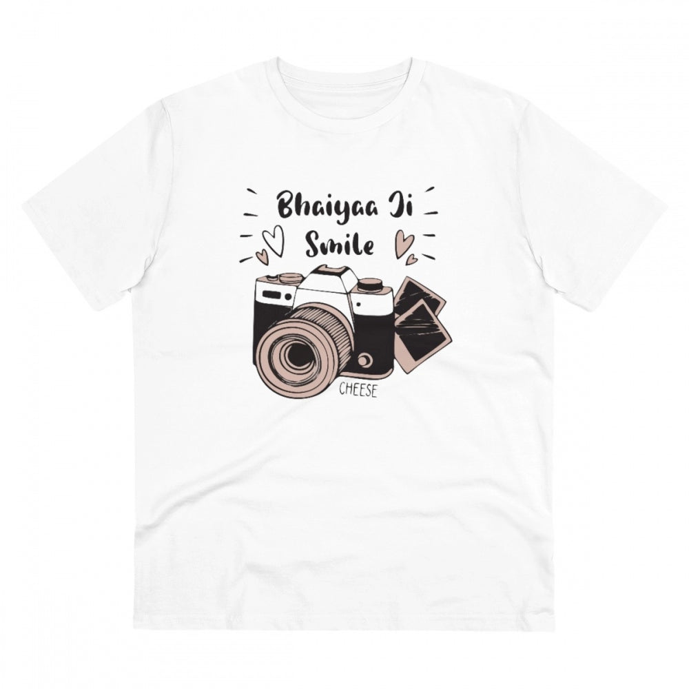 HamariDookan Men's PC Cotton Bhaiya Ji Smile Printed T Shirt (Color: White, Thread Count: 180GSM)