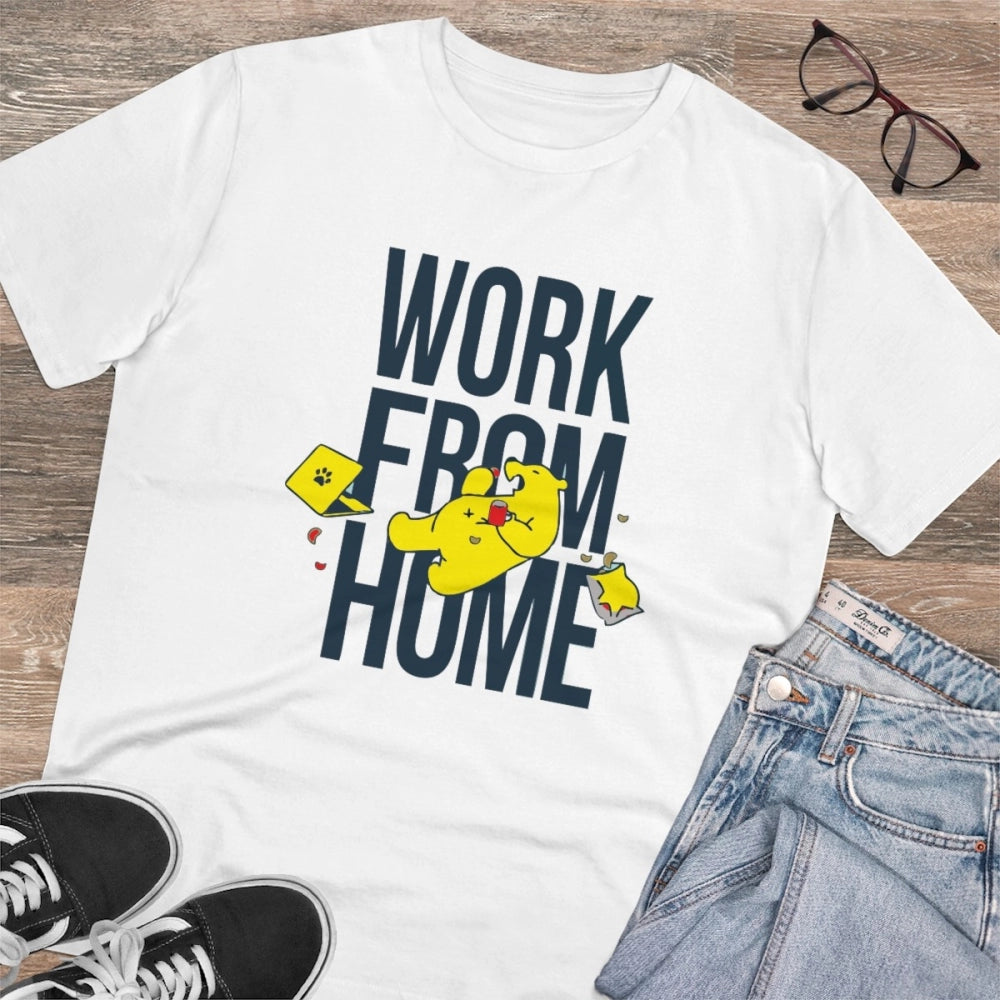 HamariDookan Men's PC Cotton Work From Home Desing Printed T Shirt (Color: White, Thread Count: 180GSM)