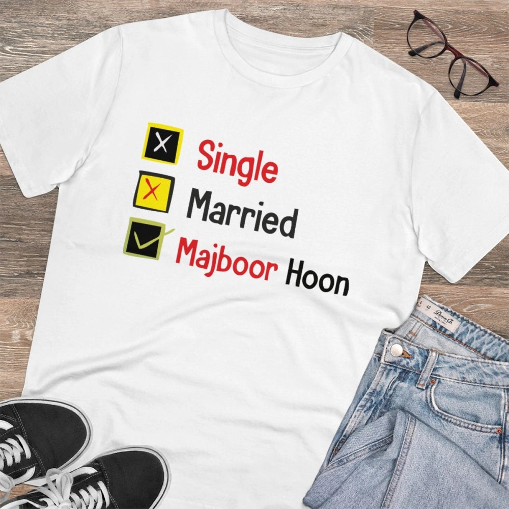 HamariDookan Men's PC Cotton Single Married Majbur Printed T Shirt (Color: White, Thread Count: 180GSM)