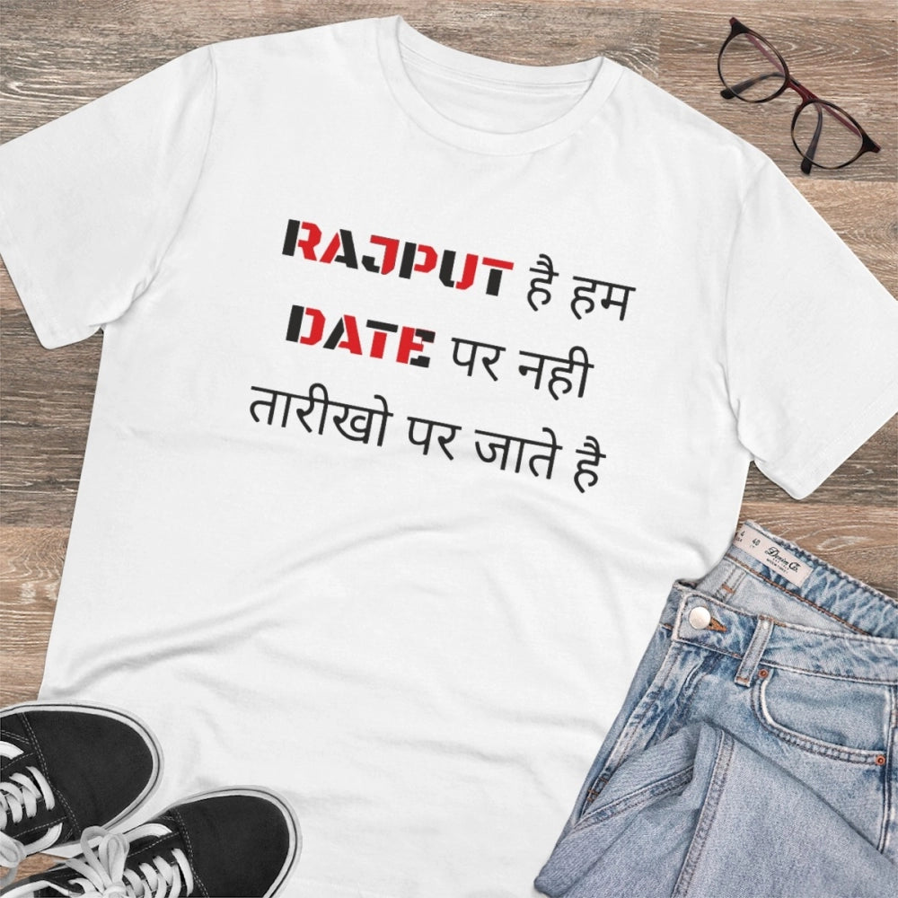 HamariDookan Men's PC Cotton Rajput Hai Hum Date Par Nahi Tarikho Par Jate Hai Printed T Shirt (Color: White, Thread Count: 180GSM)