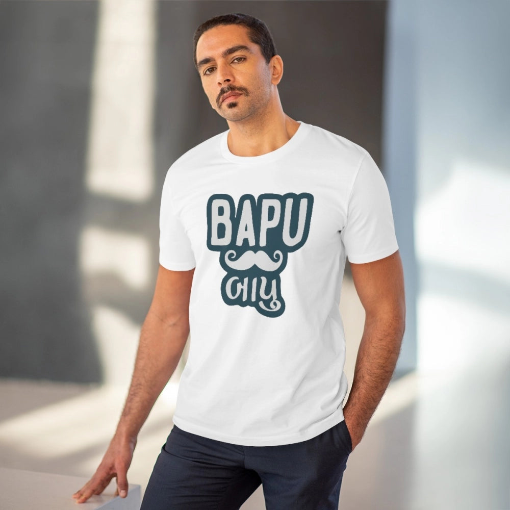 HamariDookan Men's PC Cotton Baapu Printed T Shirt (Color: White, Thread Count: 180GSM)