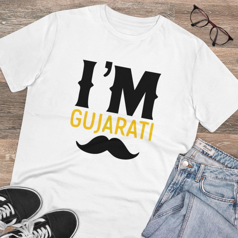 HamariDookan Men's PC Cotton I Am Gujarati Printed T Shirt (Color: White, Thread Count: 180GSM)