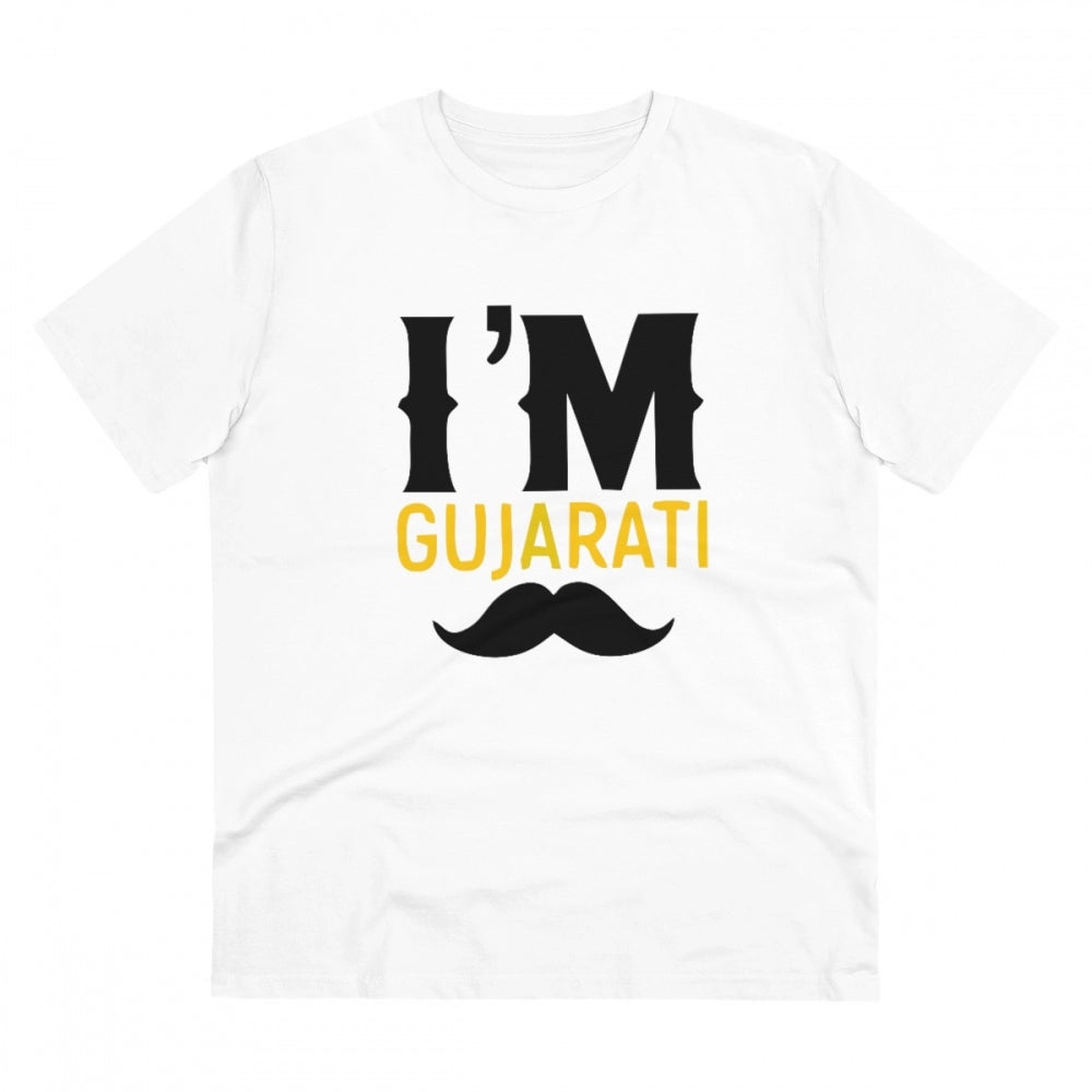 HamariDookan Men's PC Cotton I Am Gujarati Printed T Shirt (Color: White, Thread Count: 180GSM)