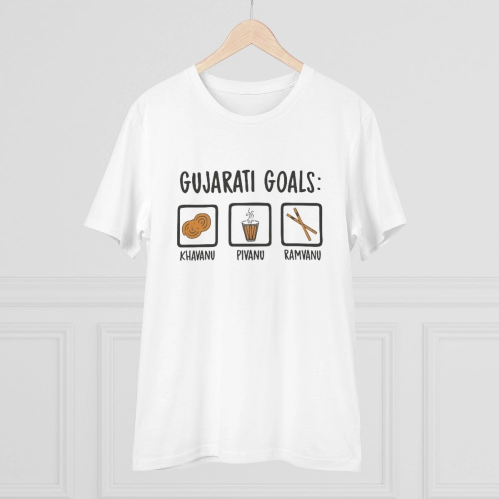 HamariDookan Men's PC Cotton Gujarati Goals Printed T Shirt (Color: White, Thread Count: 180GSM)