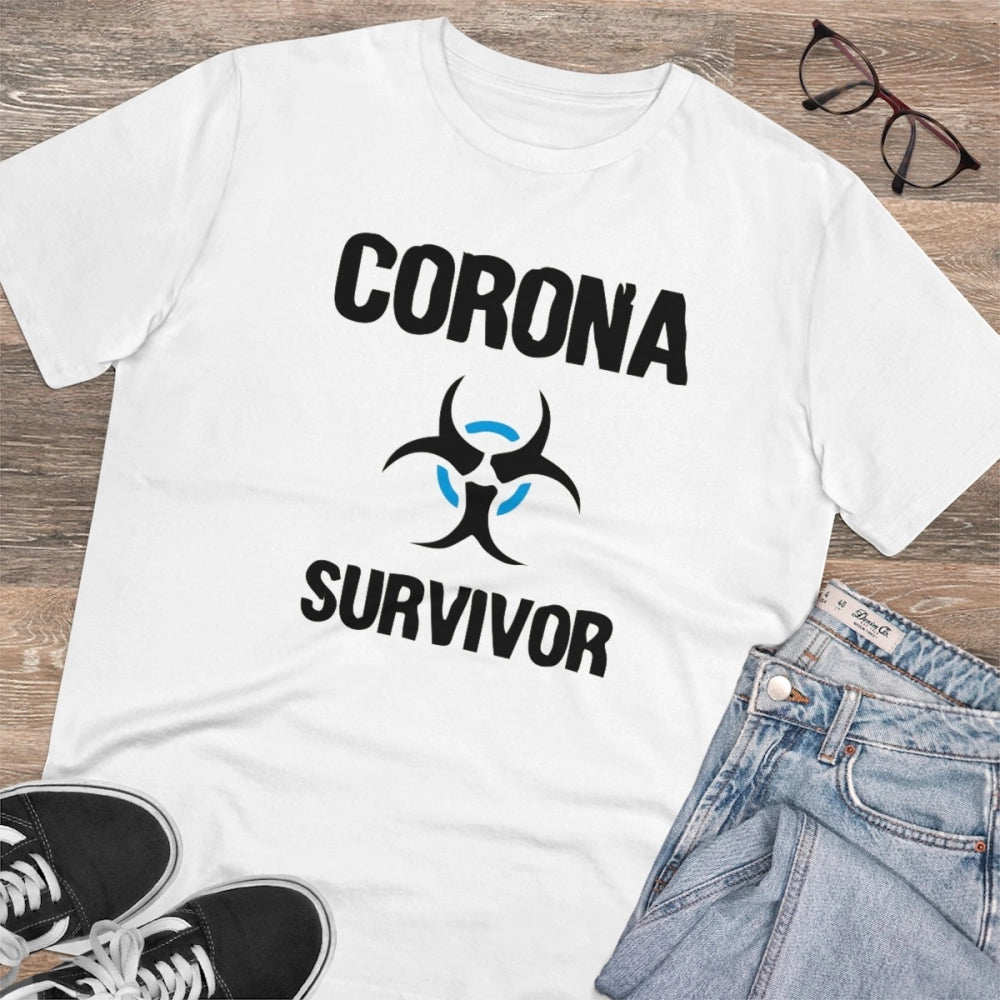 HamariDookan Men's PC Cotton Corona Survivor Printed T Shirt (Color: White, Thread Count: 180GSM)