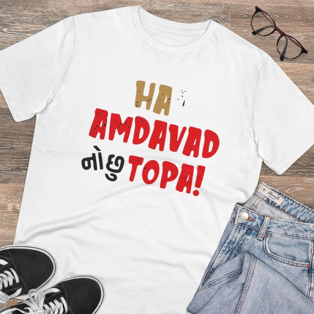 HamariDookan Men's PC Cotton Ha Amdavad No Chu Topa Printed T Shirt (Color: White, Thread Count: 180GSM)