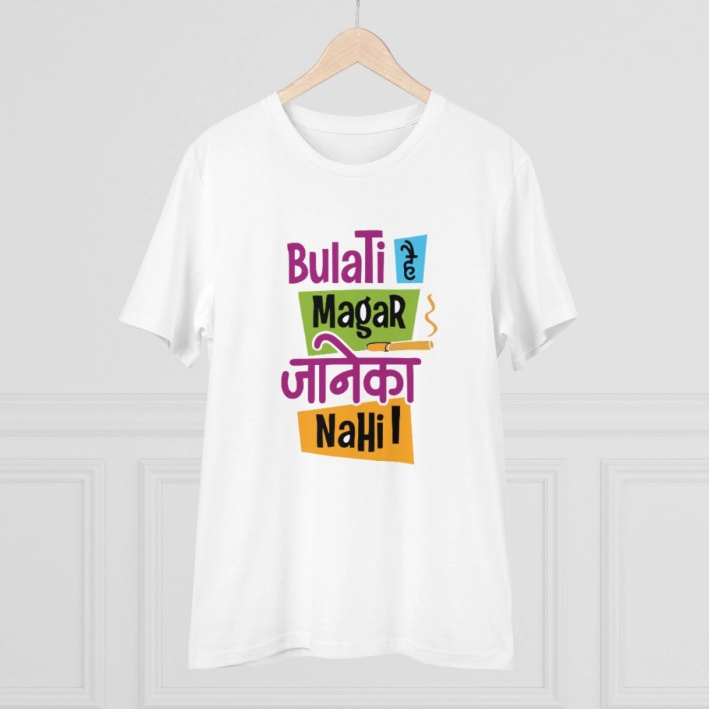 HamariDookan Men's PC Cotton Bulati Hai Magar Jane Ka Nahi Printed T Shirt (Color: White, Thread Count: 180GSM)