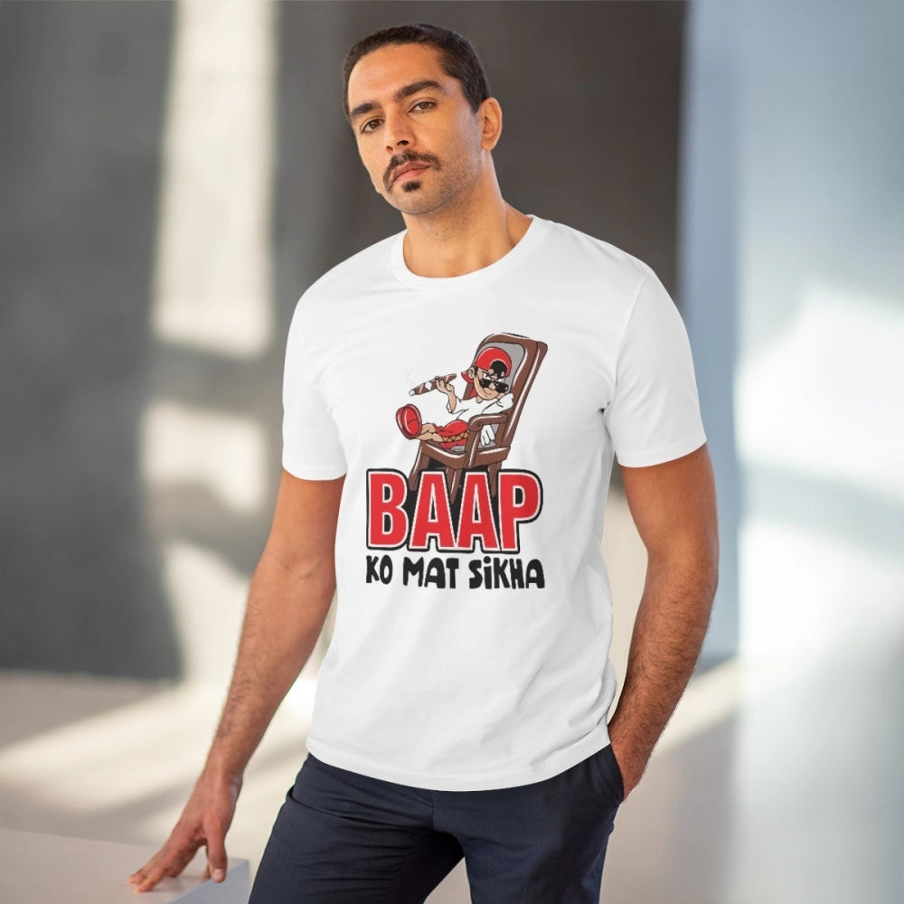 HamariDookan Men's PC Cotton Baap Ko Mat Sikha Printed T Shirt (Color: White, Thread Count: 180GSM)