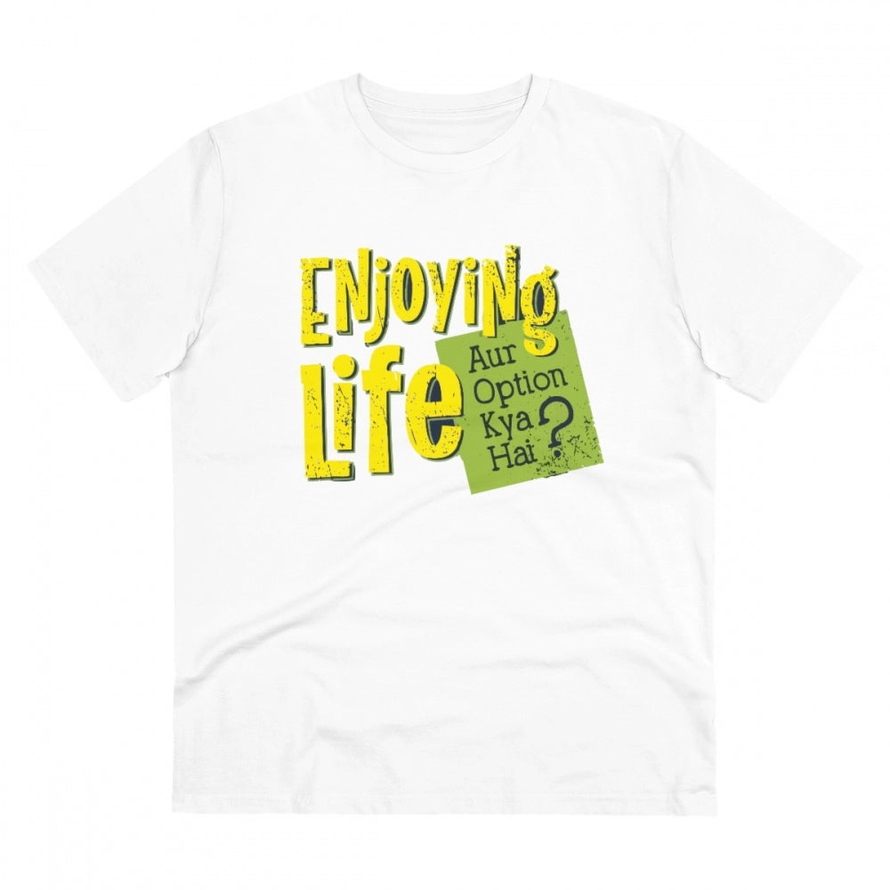 HamariDookan Men's PC Cotton Enjoying Life Printed T Shirt (Color: White, Thread Count: 180GSM)