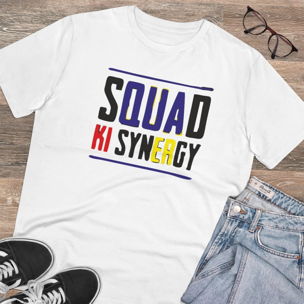 HamariDookan Men's PC Cotton Squed Ki Syneagy Printed T Shirt (Color: White, Thread Count: 180GSM)