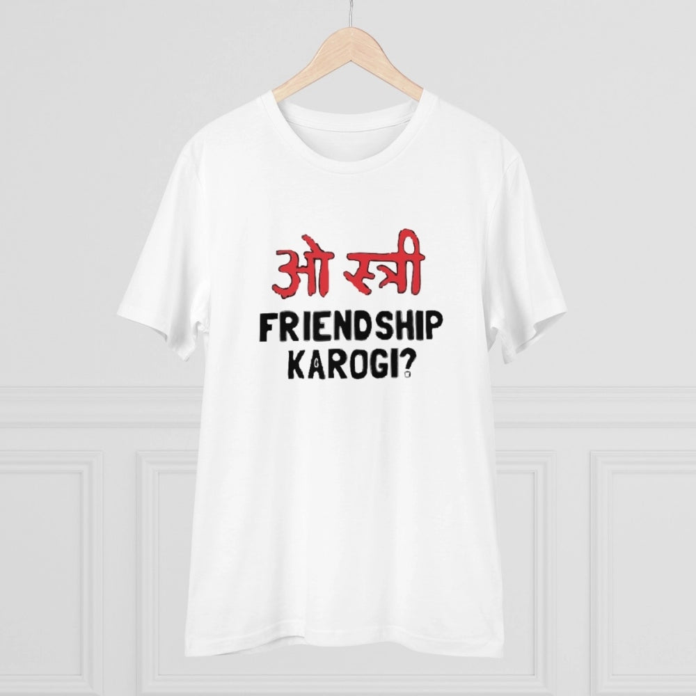 HamariDookan Men's PC Cotton Oo Shtree Friendship Karogi Kya Printed T Shirt (Color: White, Thread Count: 180GSM)