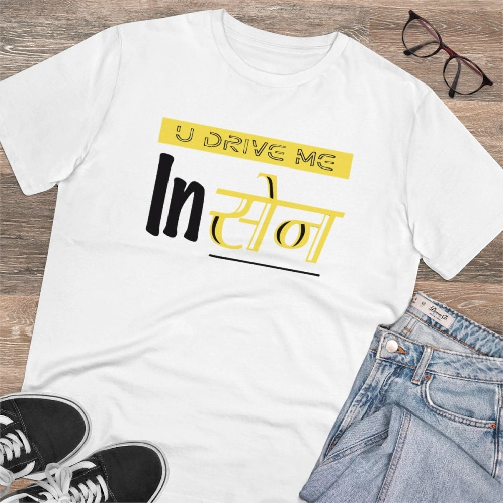 HamariDookan Men's PC Cotton U Drive Me In Sen Printed T Shirt (Color: White, Thread Count: 180GSM)