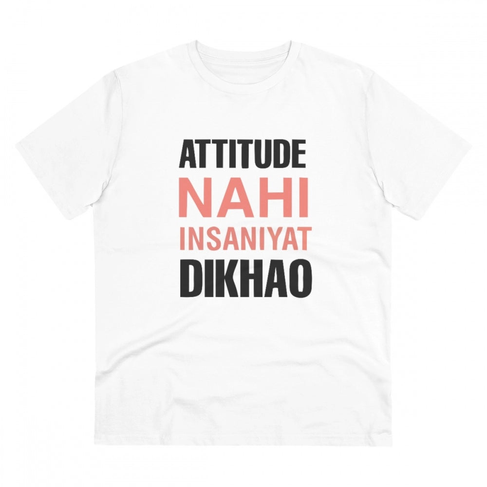 HamariDookan Men's PC Cotton Attitude Nahi Insaniyat Dikhao Printed T Shirt (Color: White, Thread Count: 180GSM)