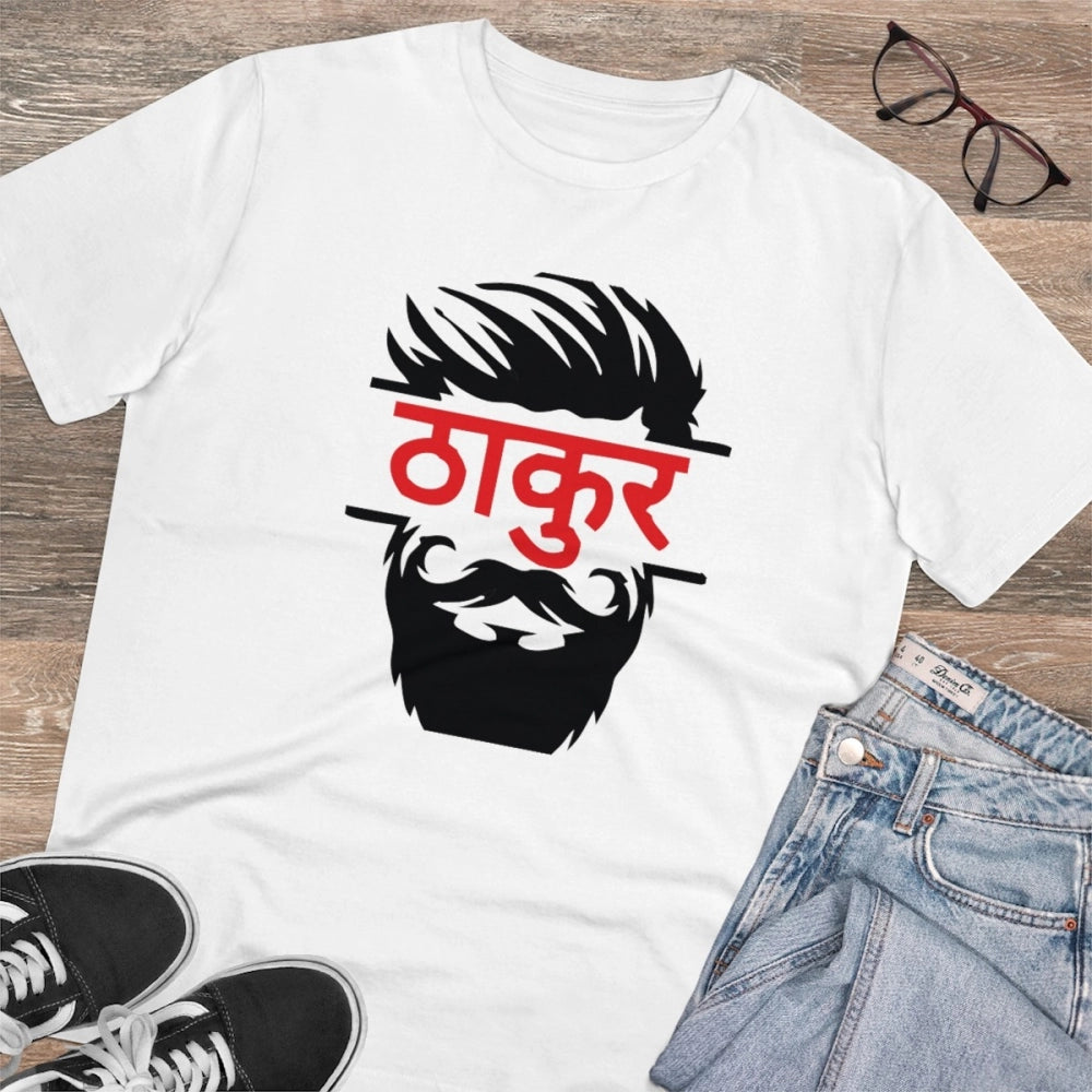 HamariDookan Men's PC Cotton Thakur Printed T Shirt (Color: White, Thread Count: 180GSM)