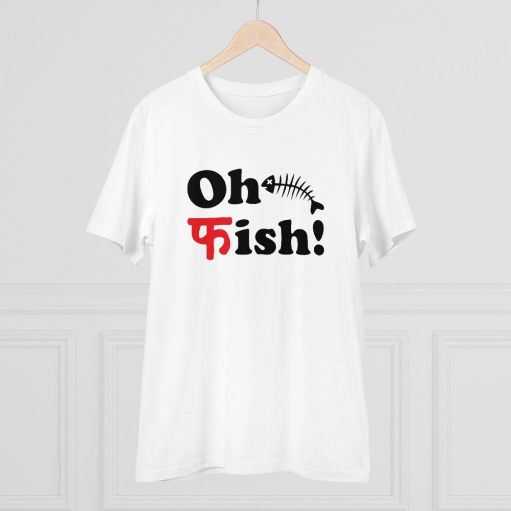 HamariDookan Men's PC Cotton Oh Fish Printed T Shirt (Color: White, Thread Count: 180GSM)
