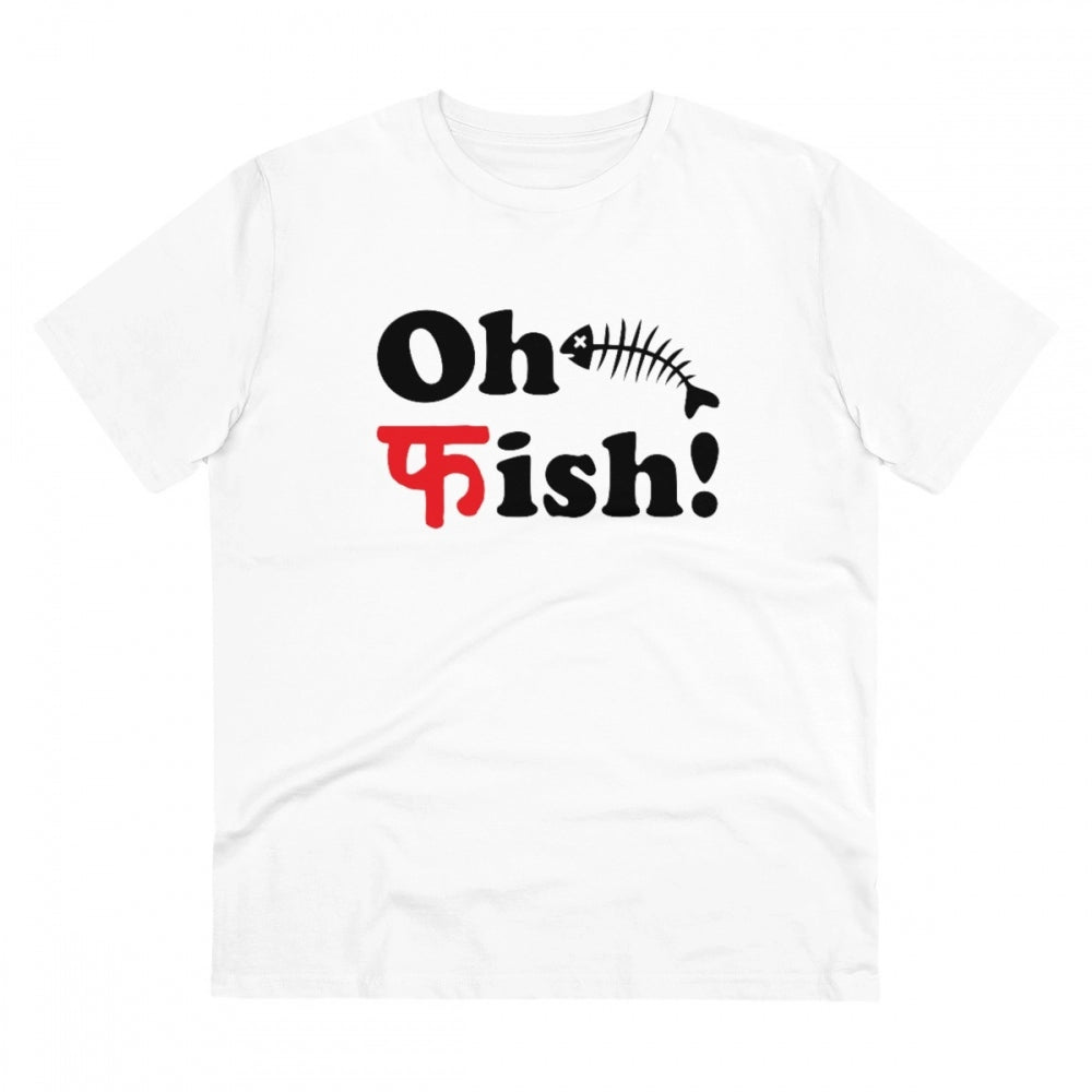 HamariDookan Men's PC Cotton Oh Fish Printed T Shirt (Color: White, Thread Count: 180GSM)