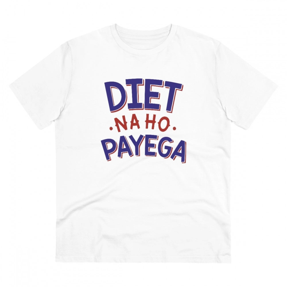 HamariDookan Men's PC Cotton Diet Na Ho Payega Printed T Shirt (Color: White, Thread Count: 180GSM)