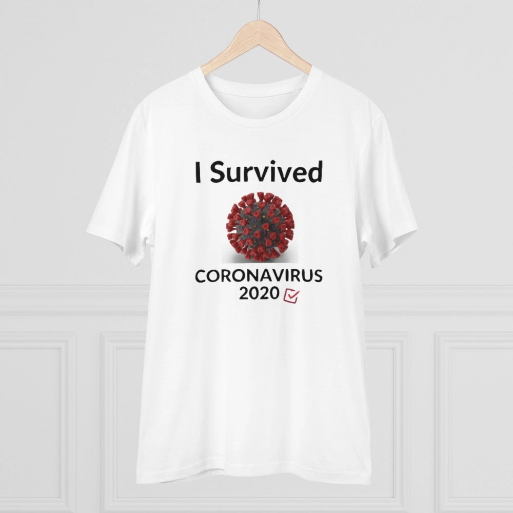 HamariDookan Men's PC Cotton I Survived Corornavirus 2020 Printed T Shirt (Color: White, Thread Count: 180GSM)