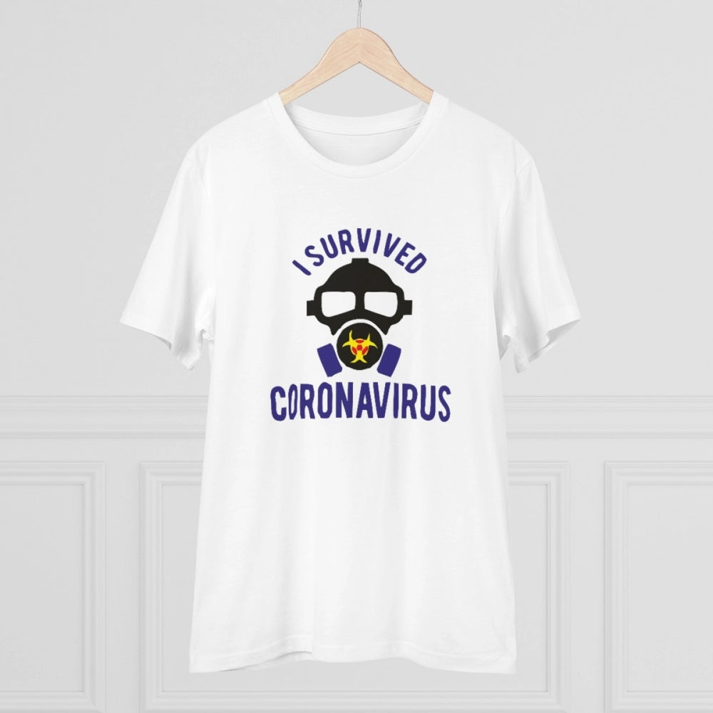HamariDookan Men's PC Cotton I Survived Coronavirus Printed T Shirt (Color: White, Thread Count: 180GSM)