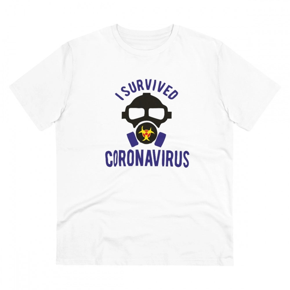 HamariDookan Men's PC Cotton I Survived Coronavirus Printed T Shirt (Color: White, Thread Count: 180GSM)
