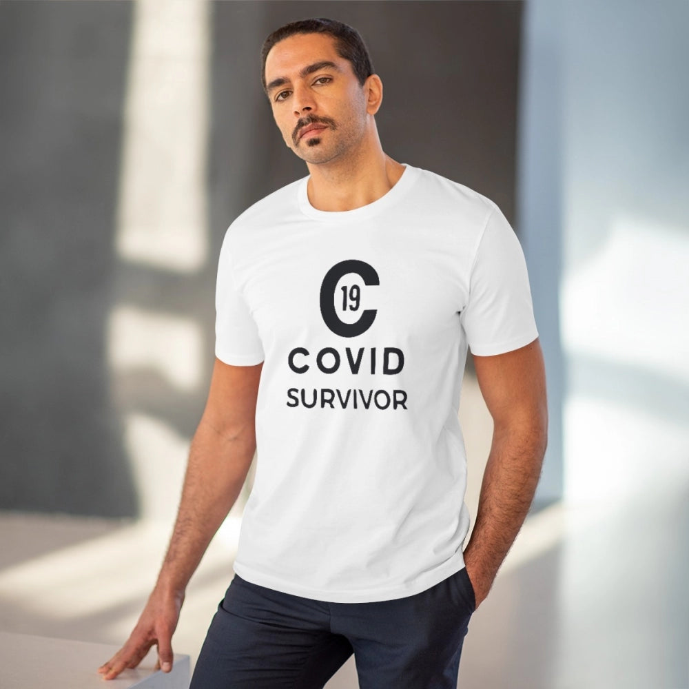 HamariDookan Men's PC Cotton Covid 19 Survivor Printed T Shirt (Color: White, Thread Count: 180GSM)