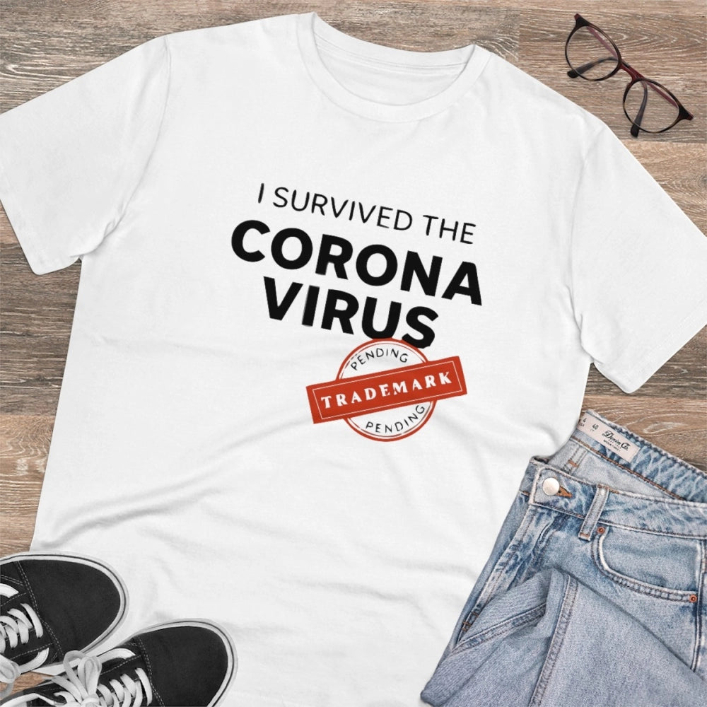 HamariDookan Men's PC Cotton I Survived Corona Virus Printed T Shirt (Color: White, Thread Count: 180GSM)