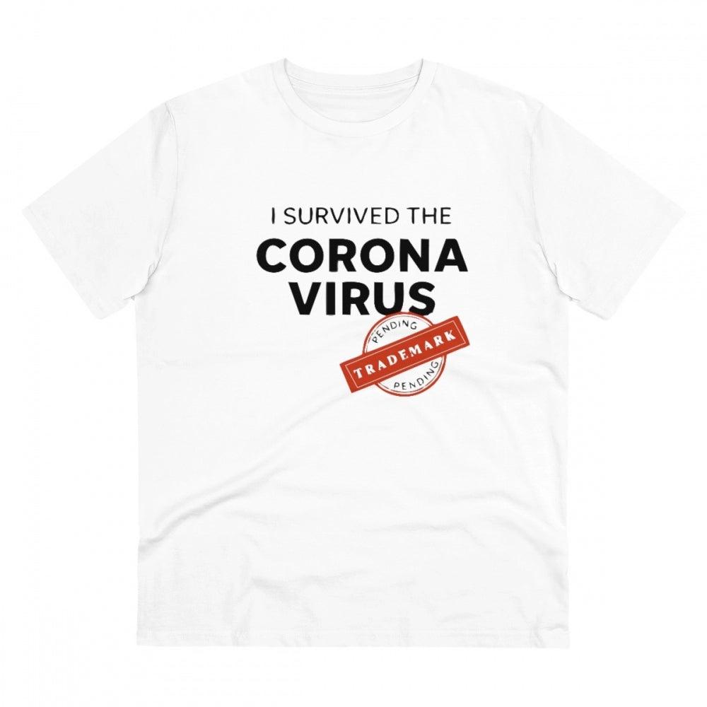 HamariDookan Men's PC Cotton I Survived Corona Virus Printed T Shirt (Color: White, Thread Count: 180GSM)