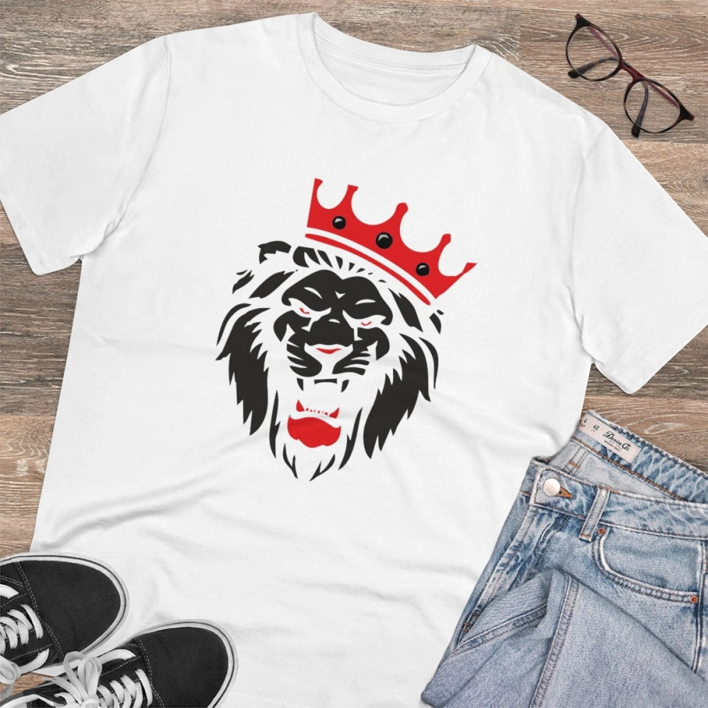 HamariDookan Men's PC Cotton Lion Logo Printed T Shirt (Color: White, Thread Count: 180GSM)