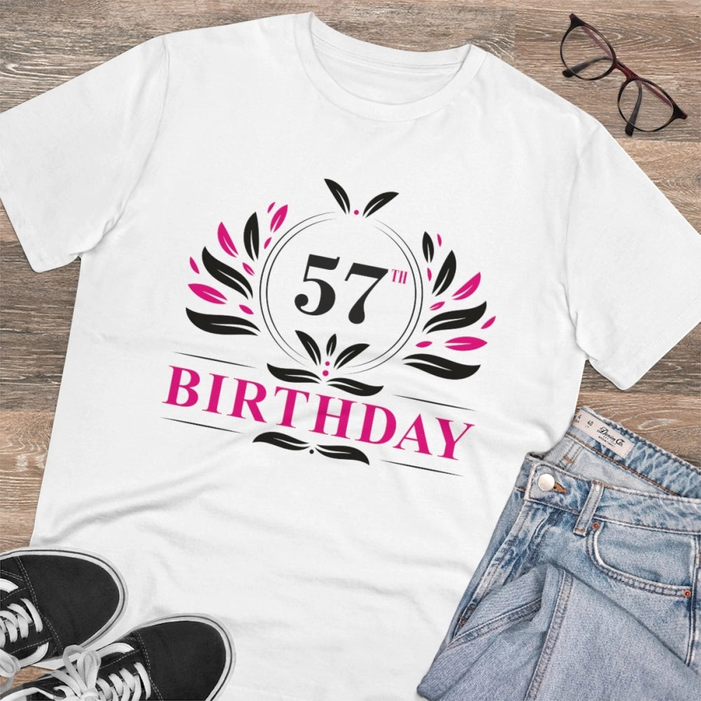 HamariDookan Men's PC Cotton 57th Birthday Printed T Shirt (Color: White, Thread Count: 180GSM)