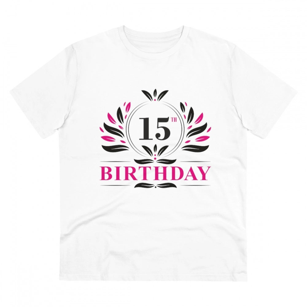 HamariDookan Men's PC Cotton 15th Birthday Printed T Shirt (Color: White, Thread Count: 180GSM)