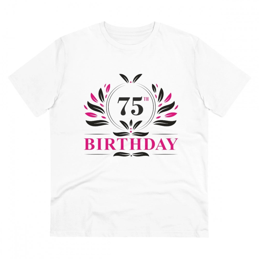 HamariDookan Men's PC Cotton 75th Birthday Printed T Shirt (Color: White, Thread Count: 180GSM)