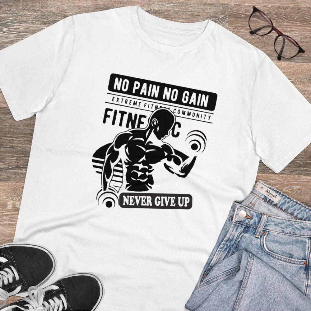HamariDookan Men's PC Cotton Gym No Pain No Gain Never Give Up Printed T Shirt (Color: White, Thread Count: 180GSM)