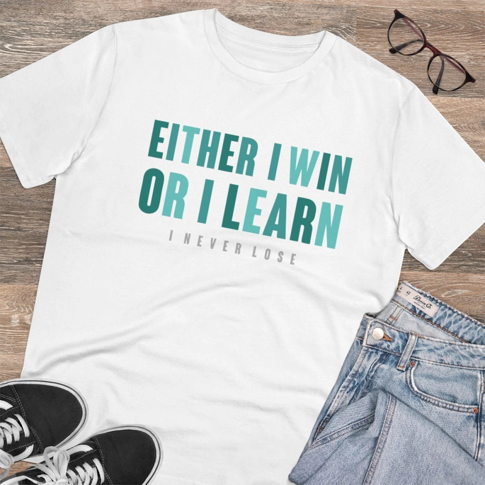 HamariDookan Men's PC Cotton Either I Win Or I Learn Printed T Shirt (Color: White, Thread Count: 180GSM)