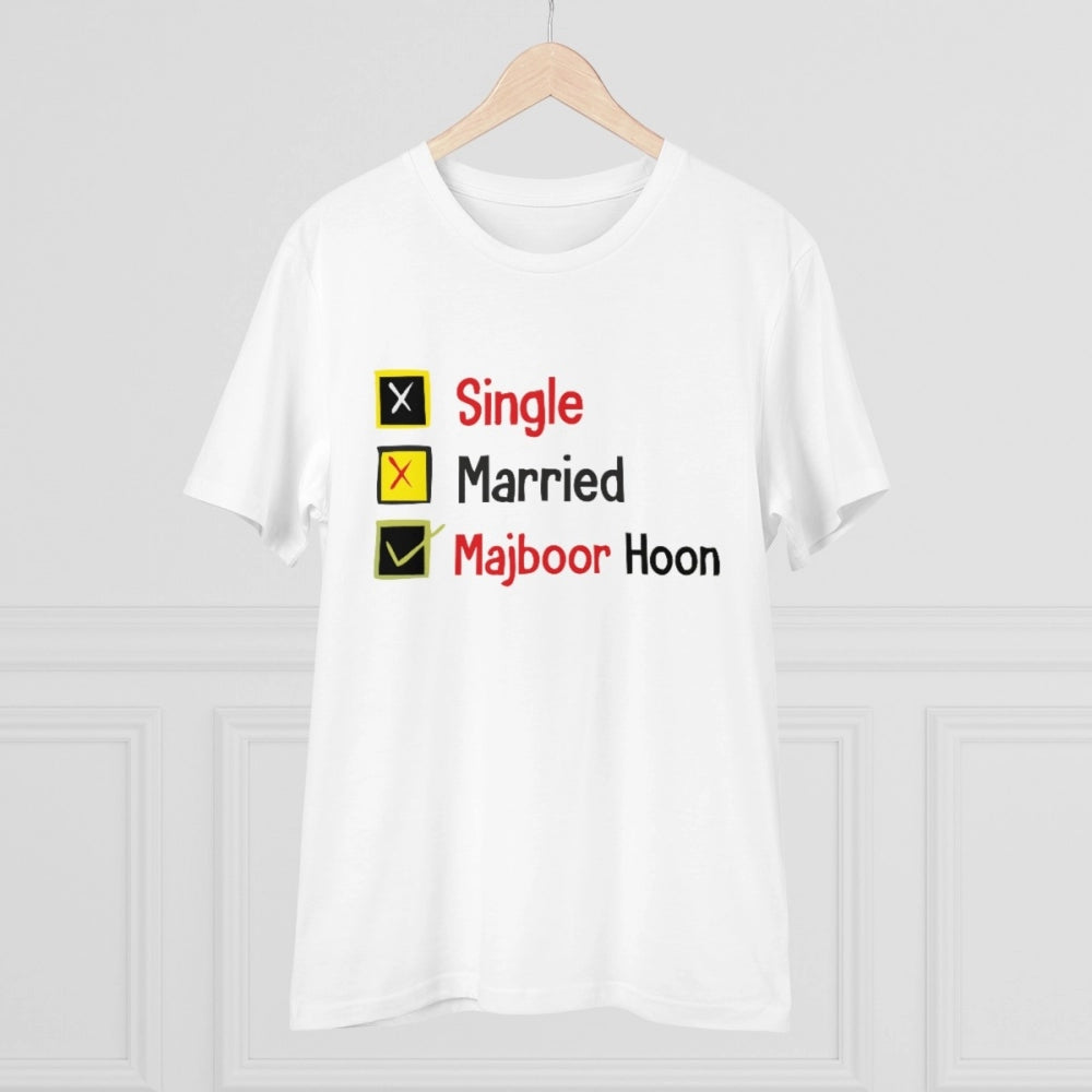 HamariDookan Men's PC Cotton Single Married Majbur Printed T Shirt (Color: White, Thread Count: 180GSM)